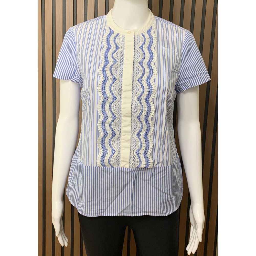 Karl Lagerfeld Paris Women's Blue White Striped Lace Bib Blouse XS Classic